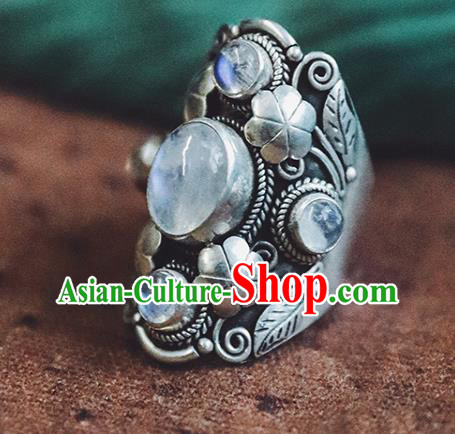 China National Moonstone Ring Traditional Handmade Gems Jewelry Accessories Silver Circlet China National Moonstone Ring Traditional Handmade Gems Jewelry Accessories Silver Circlet