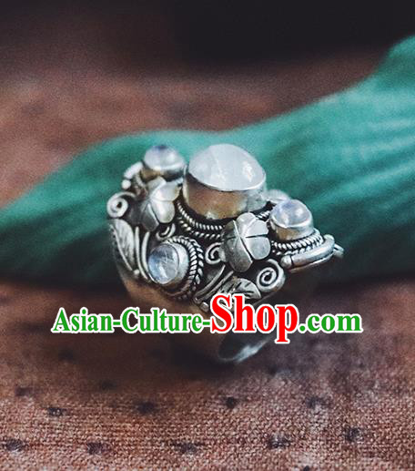 China National Moonstone Ring Traditional Handmade Gems Jewelry Accessories Silver Circlet China National Moonstone Ring Traditional Handmade Gems Jewelry Accessories Silver Circlet