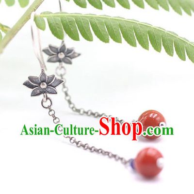 Handmade Chinese Traditional Agate Tassel Eardrop Classical Earrings Accessories Ethnic Silver Lotus Ear Jewelry