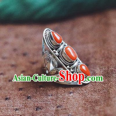 China Traditional Handmade Gems Jewelry Accessories Silver Circlet National Corallite Ring