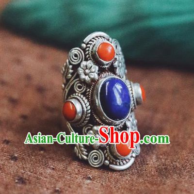 China Traditional Silver Circlet National Corallite Ring Handmade Lapis Jewelry Accessories