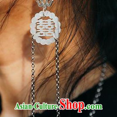 Handmade Chinese Traditional Silver Fishes Eardrop Classical Cheongsam Earrings Accessories White Jade Ear Jewelry