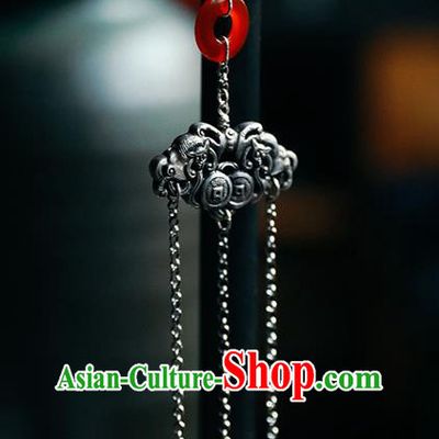 Handmade Chinese Traditional Agate Eardrop Classical Cheongsam Earrings Accessories Silver Tassel Ear Jewelry