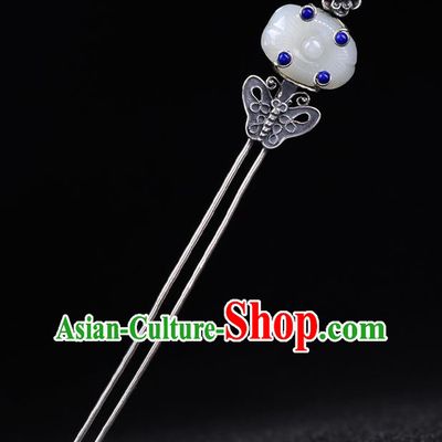 China National Lapis Jade Hairpin Handmade Hair Jewelry Accessories Traditional Cheongsam Silver Carving Butterfly Hair Stick