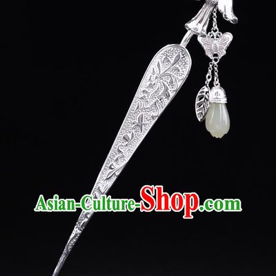 China National Jade Magnolia Tassel Hairpin Handmade Hair Jewelry Accessories Traditional Cheongsam Silver Hair Stick