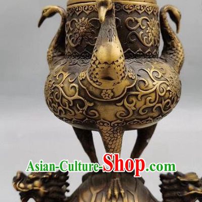 Handmade Chinese Carving Tortoise Crane Censer Ornaments Traditional Brass Incense Burner Accessories
