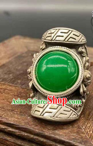 China National Silver Carving Ring Handmade Jewelry Accessories Traditional Chrysoprase Thimble Circlet