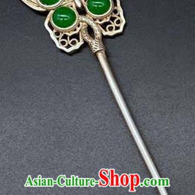 China Handmade Chrysoprase Hair Stick Traditional Hair Accessories Classical Silver Butterfly Hairpin