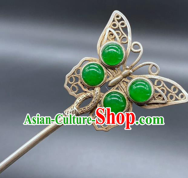 China Handmade Chrysoprase Hair Stick Traditional Hair Accessories Classical Silver Butterfly Hairpin China Handmade Chrysoprase Hair Stick Traditional Hair Accessories Classical Silver Butterfly Hairpin