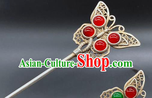 China Traditional Hair Accessories Classical Silver Butterfly Hairpin Handmade Agate Hair Stick China Traditional Hair Accessories Classical Silver Butterfly Hairpin Handmade Agate Hair Stick