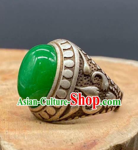 China Handmade Jewelry Accessories Traditional Chrysoprase Thimble Circlet National Silver Ring China Handmade Jewelry Accessories Traditional Chrysoprase Thimble Circlet National Silver Ring