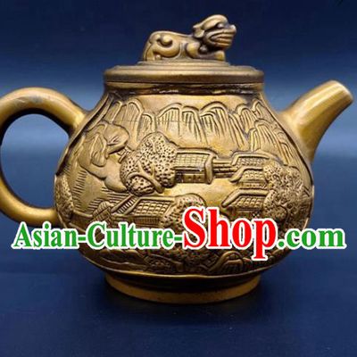 Handmade Chinese Carving Teapot Ornaments Traditional Brass Craft Anaglyph Flagon