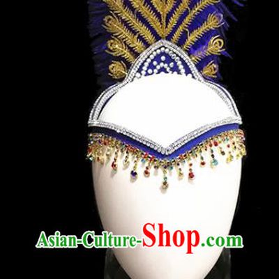 China Handmade Ethnic Women Royalblue Feather Hair Accessories Traditional Uyghur Nationality Folk Dance Braid Hat