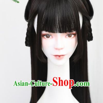 China Handmade Ancient Noble Lady Wig Sheath Traditional Jin Dynasty Princess Straight Bangs Wiggery Headdress