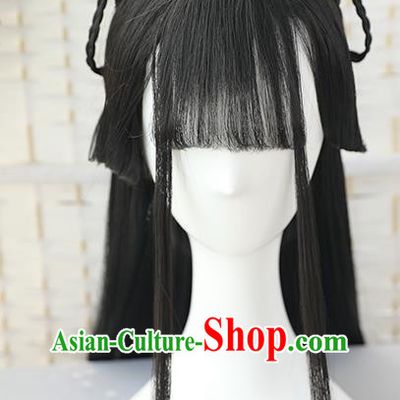 China Traditional Jin Dynasty Noble Lady Straight Bangs Wiggery Headdress Handmade Ancient Princess Wig Sheath