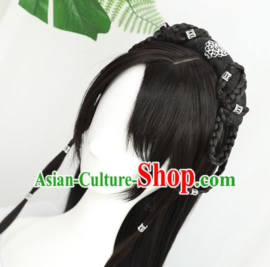China Traditional Ming Dynasty Swordswoman Wiggery Headdress Handmade Ancient Young Girl Wig Sheath China Traditional Ming Dynasty Swordswoman Wiggery Headdress Handmade Ancient Young Girl Wig Sheath
