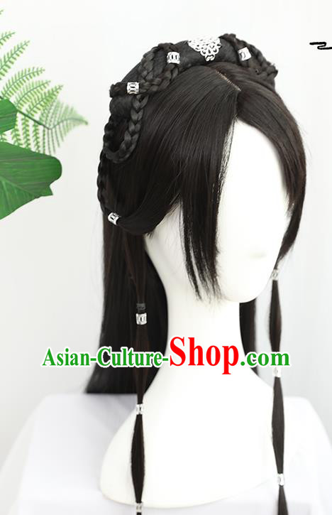 China Traditional Ming Dynasty Swordswoman Wiggery Headdress Handmade Ancient Young Girl Wig Sheath China Traditional Ming Dynasty Swordswoman Wiggery Headdress Handmade Ancient Young Girl Wig Sheath