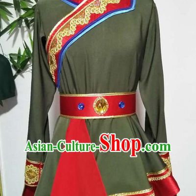 China Handmade Folk Dance Green Outfits Traditional Mongol Nationality Clothing