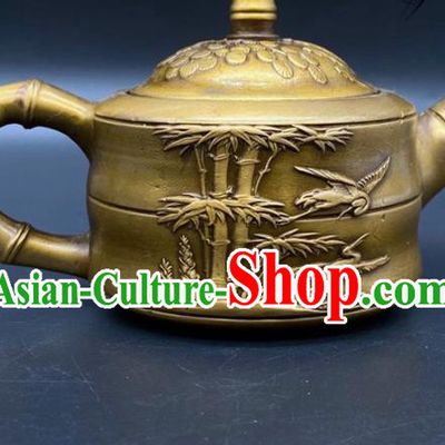 Handmade Chinese Carving Bamboo Teapot Ornaments Traditional Brass Teakettle Craft