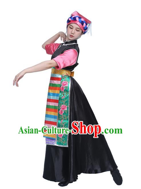 China Traditional Zang Nationality Dance Clothing Tibetan Ethnic Folk Dance Black Dress Outfits China Traditional Zang Nationality Dance Clothing Tibetan Ethnic Folk Dance Black Dress Outfits