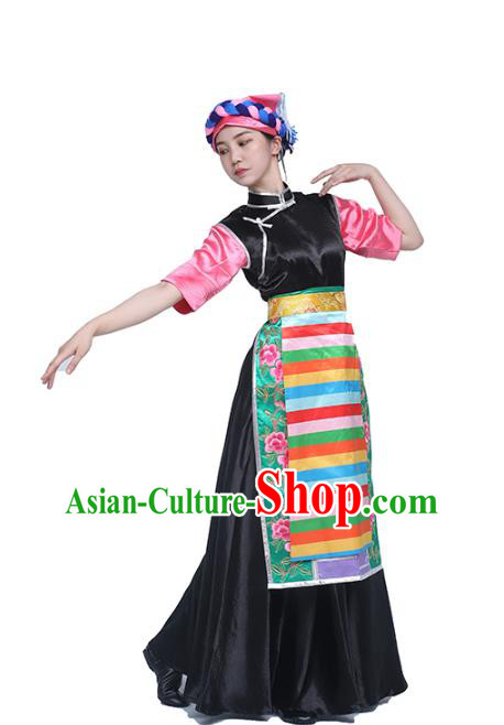 China Traditional Zang Nationality Dance Clothing Tibetan Ethnic Folk Dance Black Dress Outfits China Traditional Zang Nationality Dance Clothing Tibetan Ethnic Folk Dance Black Dress Outfits