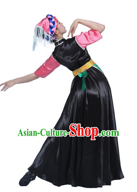 China Traditional Zang Nationality Dance Clothing Tibetan Ethnic Folk Dance Black Dress Outfits China Traditional Zang Nationality Dance Clothing Tibetan Ethnic Folk Dance Black Dress Outfits