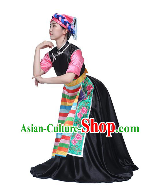China Traditional Zang Nationality Dance Clothing Tibetan Ethnic Folk Dance Black Dress Outfits China Traditional Zang Nationality Dance Clothing Tibetan Ethnic Folk Dance Black Dress Outfits