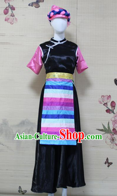 China Traditional Zang Nationality Dance Clothing Tibetan Ethnic Folk Dance Black Dress Outfits China Traditional Zang Nationality Dance Clothing Tibetan Ethnic Folk Dance Black Dress Outfits