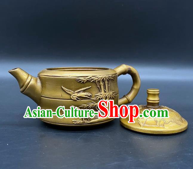 Handmade Chinese Carving Bamboo Teapot Ornaments Traditional Brass Teakettle Craft Handmade Chinese Carving Bamboo Teapot Ornaments Traditional Brass Teakettle Craft