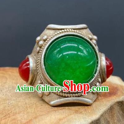 China Handmade Silver Jewelry Accessories Traditional Chrysoprase Thimble Circlet National Agate Ring