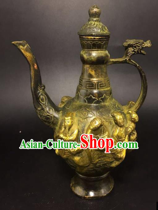 Handmade Chinese Wine Pot Traditional Brass Accessories Carving Eight Treasures Flagon Ornaments Handmade Chinese Wine Pot Traditional Brass Accessories Carving Eight Treasures Flagon Ornaments