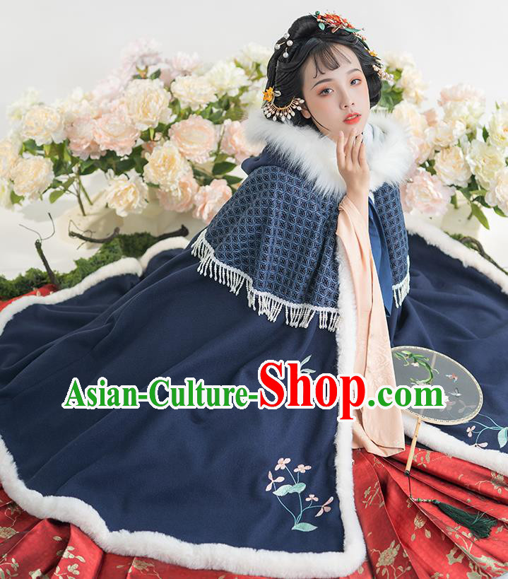 China Traditional Ming Dynasty Historical Clothing Ancient Nobility Lady Hanfu Embroidered Navy Cloak China Traditional Ming Dynasty Historical Clothing Ancient Nobility Lady Hanfu Embroidered Navy Cloak