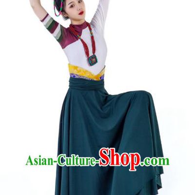 China Traditional Zang Nationality Folk Dance Clothing Tibetan Ethnic Women Dance Robe Outfits