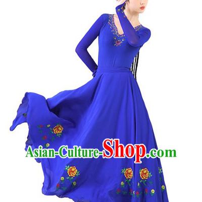 China Ethnic Women Folk Dance Blue Dress and Hat Outfits Traditional Uyghur Nationality Clothing
