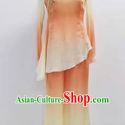 China Traditional Folk Dance Clothing Women Fan Dance Orange Blouse and Pants Outfits