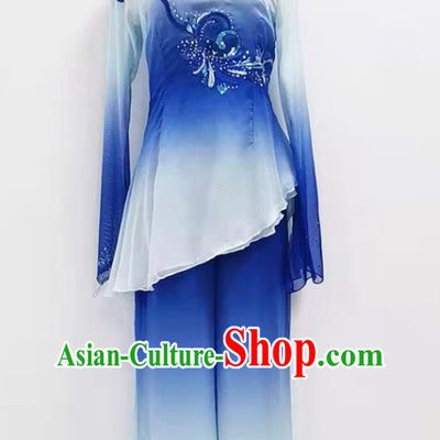 China Traditional Fan Dance Clothing Women Yangko Dance Blouse and Pants Blue Outfits