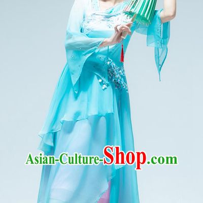 Traditional China Umbrella Dance Classical Dance Blue Dress Stage Show Costume