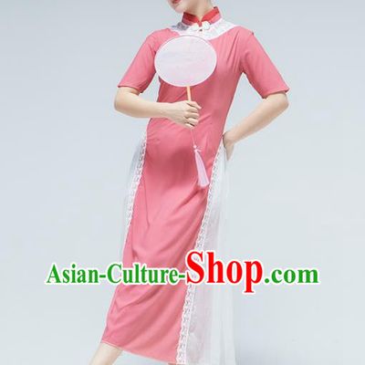 Traditional China Round Fan Dance Stage Performance Costume Classical Dance Pink Qipao Dress