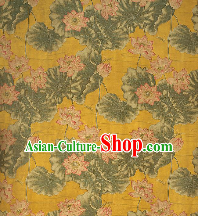 Chinese Traditional Cheongsam Silk Fabric Royal Lotus Pattern Yellow Song Brocade Gambiered Guangdong Gauze Chinese Traditional Cheongsam Silk Fabric Royal Lotus Pattern Yellow Song Brocade Gambiered Guangdong Gauze