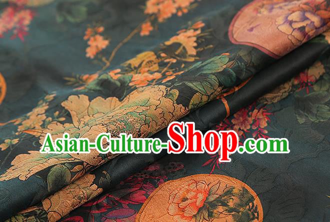 Chinese Atrovirens Gambiered Guangdong Gauze Traditional Cheongsam Silk Fabric Royal Peony Pattern Brocade Drapery