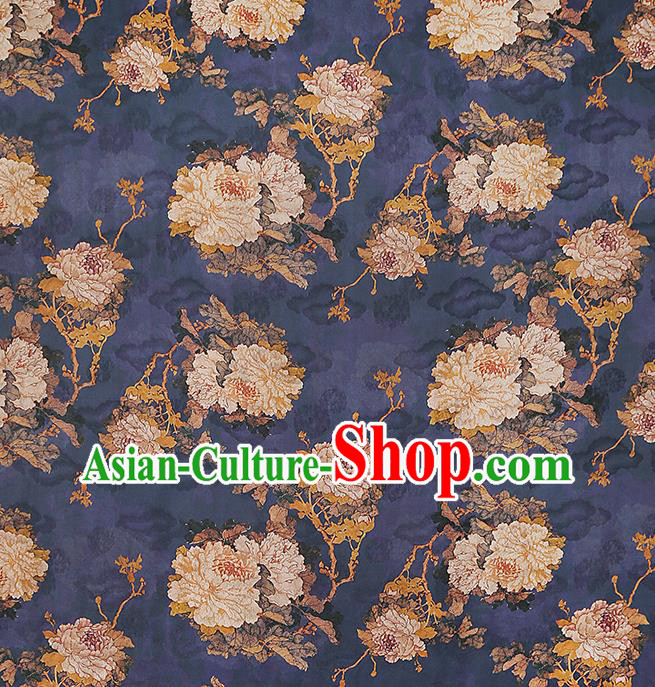 Chinese Royal Peony Pattern Brocade Drapery Traditional Cheongsam Silk Fabric Navy Gambiered Guangdong Gauze Chinese Royal Peony Pattern Brocade Drapery Traditional Cheongsam Silk Fabric Navy Gambiered Guangdong Gauze