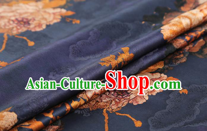 Chinese Royal Peony Pattern Brocade Drapery Traditional Cheongsam Silk Fabric Navy Gambiered Guangdong Gauze Chinese Royal Peony Pattern Brocade Drapery Traditional Cheongsam Silk Fabric Navy Gambiered Guangdong Gauze