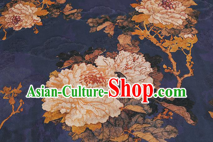 Chinese Royal Peony Pattern Brocade Drapery Traditional Cheongsam Silk Fabric Navy Gambiered Guangdong Gauze Chinese Royal Peony Pattern Brocade Drapery Traditional Cheongsam Silk Fabric Navy Gambiered Guangdong Gauze