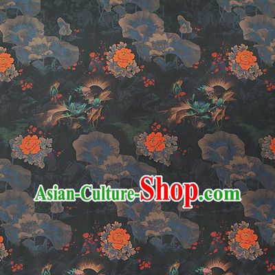 Chinese Black Gambiered Guangdong Gauze Royal Peony Lotus Pattern Brocade Drapery Traditional Cheongsam Silk Fabric
