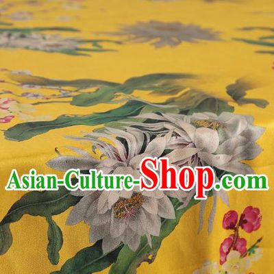 Chinese Yellow Gambiered Guangdong Gauze Traditional Silk Fabric Royal Epiphyllum Pattern Cheongsam Drapery