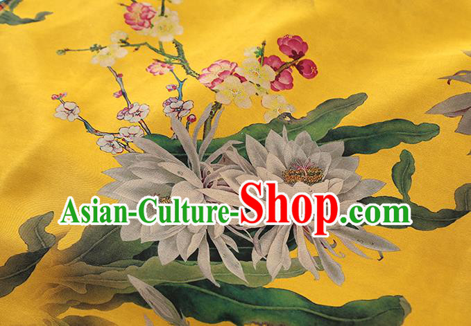 Chinese Yellow Gambiered Guangdong Gauze Traditional Silk Fabric Royal Epiphyllum Pattern Cheongsam Drapery Chinese Yellow Gambiered Guangdong Gauze Traditional Silk Fabric Royal Epiphyllum Pattern Cheongsam Drapery