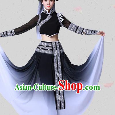China Traditional Ethnic Dance Black Clothing Dai Nationality Stage Show Blouse and Skirt Outfits