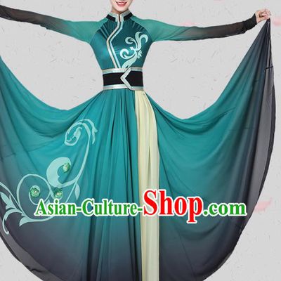 China Traditional Mongolian Ethnic Dance Clothing Mongol Nationality Stage Show Green Dress