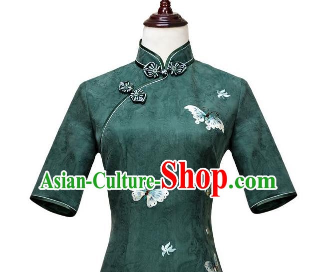 China Embroidery Butterfly Deep Green Silk Qipao Dress Traditional Embroidered Cheongsam Costume China Embroidery Butterfly Deep Green Silk Qipao Dress Traditional Embroidered Cheongsam Costume