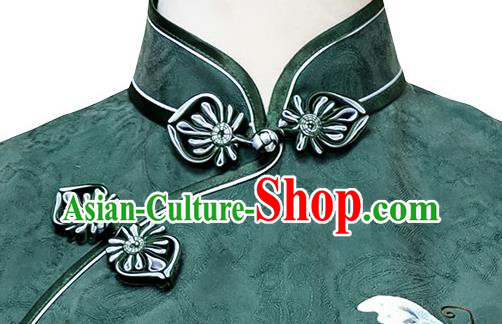 China Embroidery Butterfly Deep Green Silk Qipao Dress Traditional Embroidered Cheongsam Costume China Embroidery Butterfly Deep Green Silk Qipao Dress Traditional Embroidered Cheongsam Costume